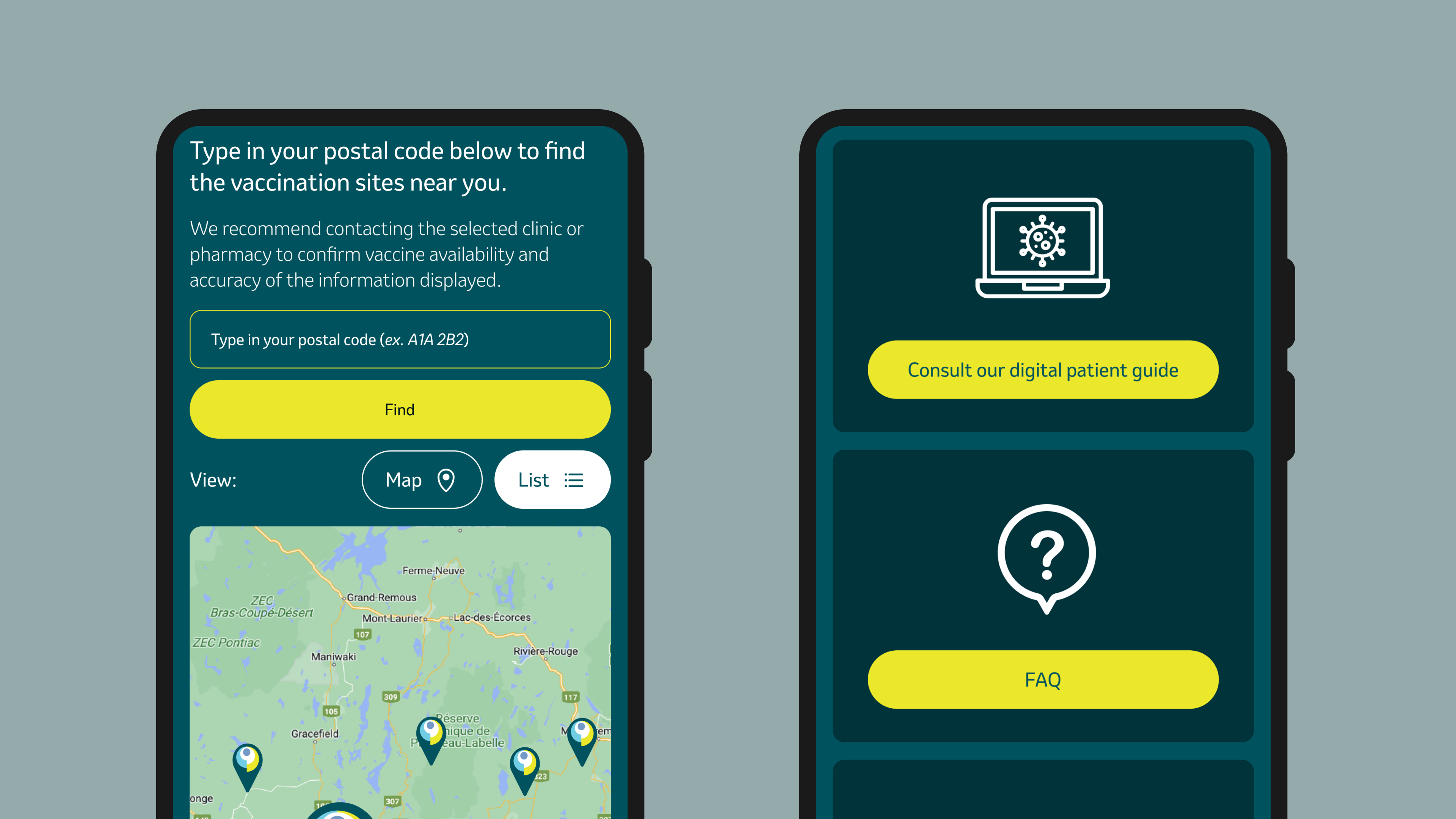 Two mobile devices showing the HPV vaccination sites finder (left) and the resources section (right).